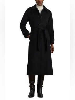 NWOT Lauren Ralph Lauren Black Wool Blend Belted Maxi Trench Coat Size 14W